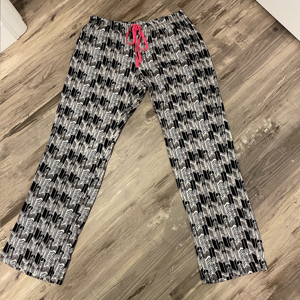 Tart Black and White Patterned Pajama Pants with Pink Drawstring